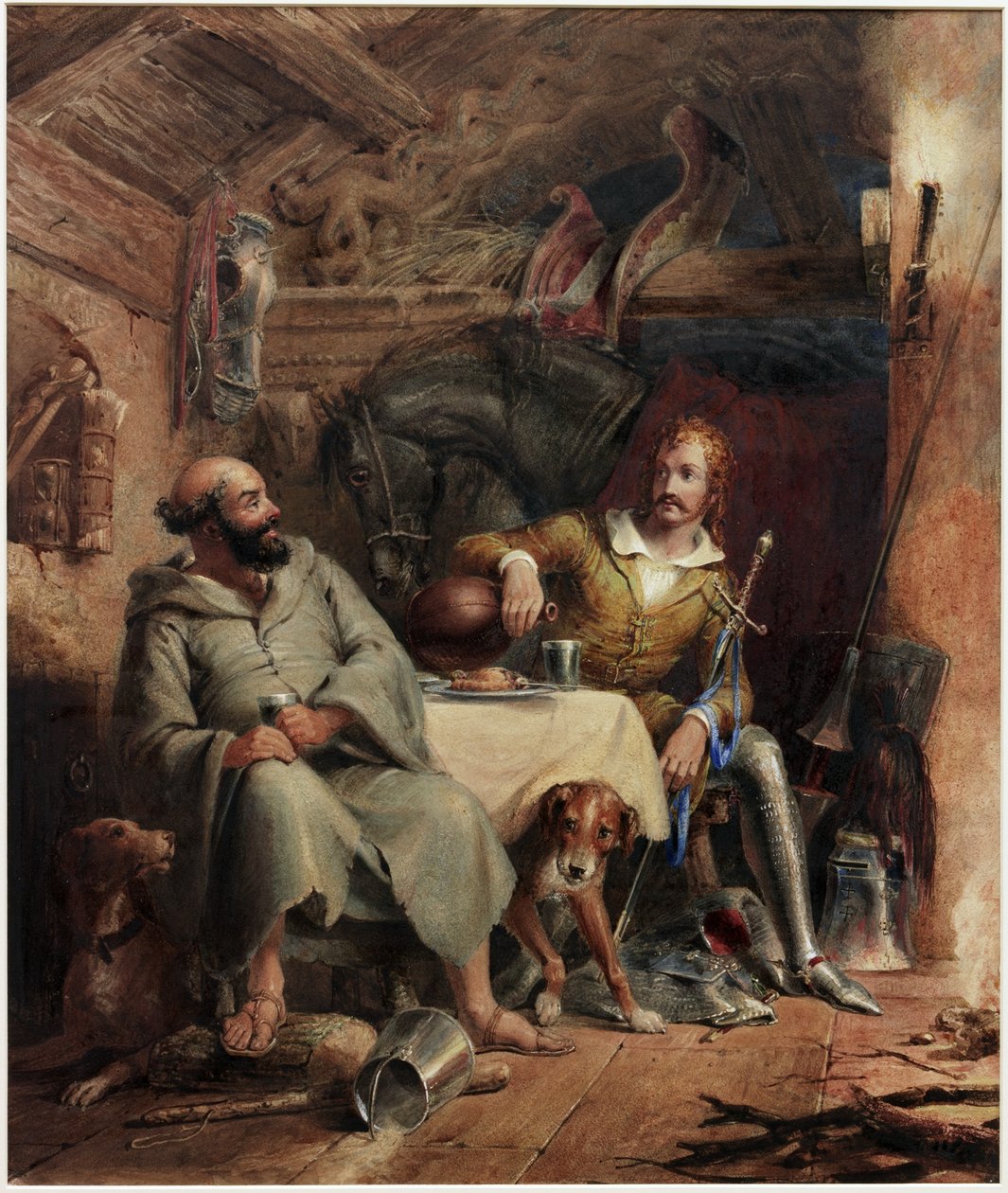 Friar Tuck a Černý princ (akvarel a tělová barva na papíře na kartičce) od Henry Liverseege