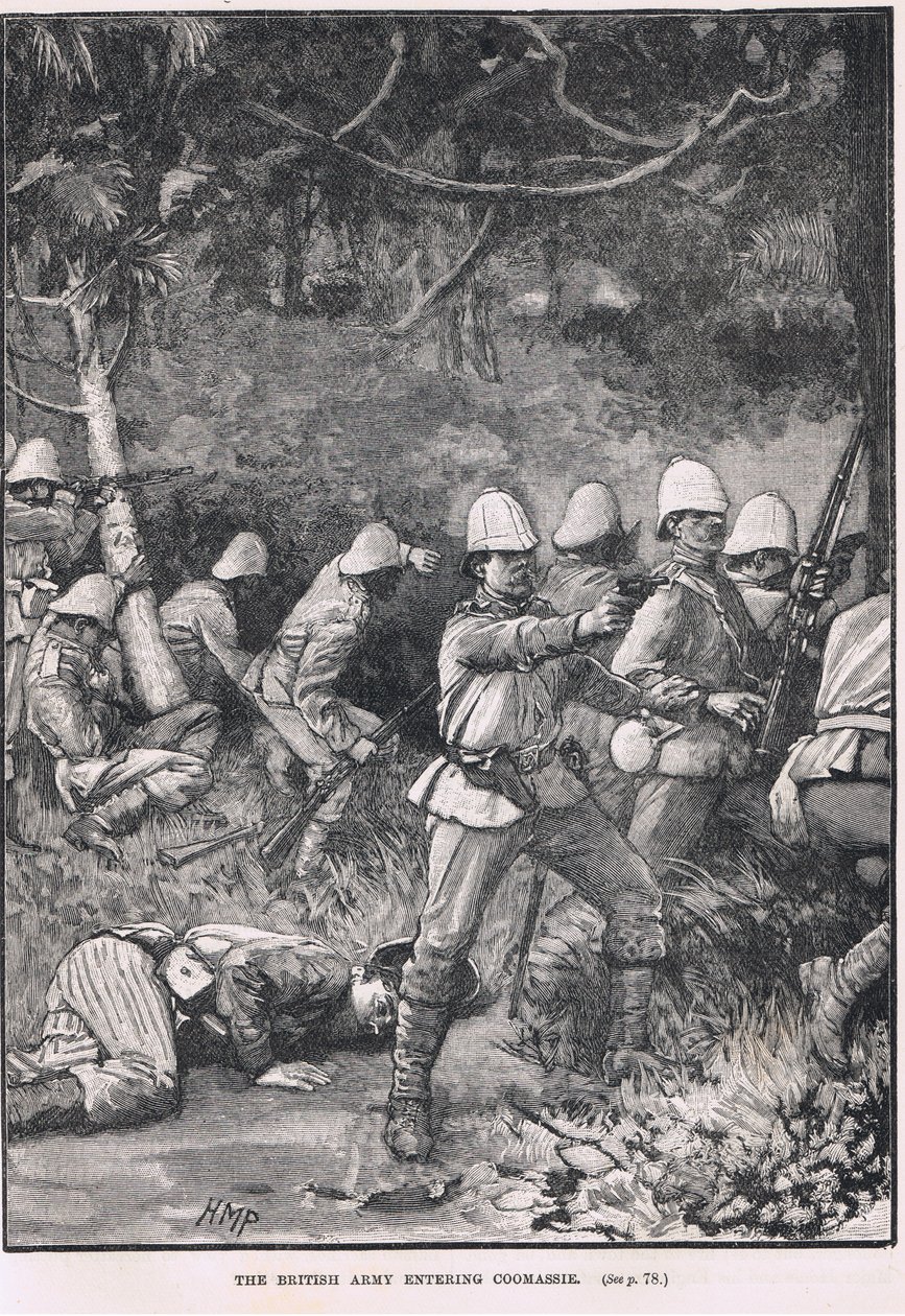 Britská armáda vstupuje do Comassie, ilustrace z Cassellovy "Ilustrované historie Anglie", vydané kolem roku 1910. od Henry Marriott Paget