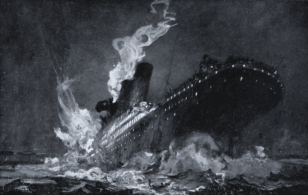 RMS Titanic z White Star Line se potápí po nárazu do ledovce v severním Atlantiku od Henry Reuterdahl