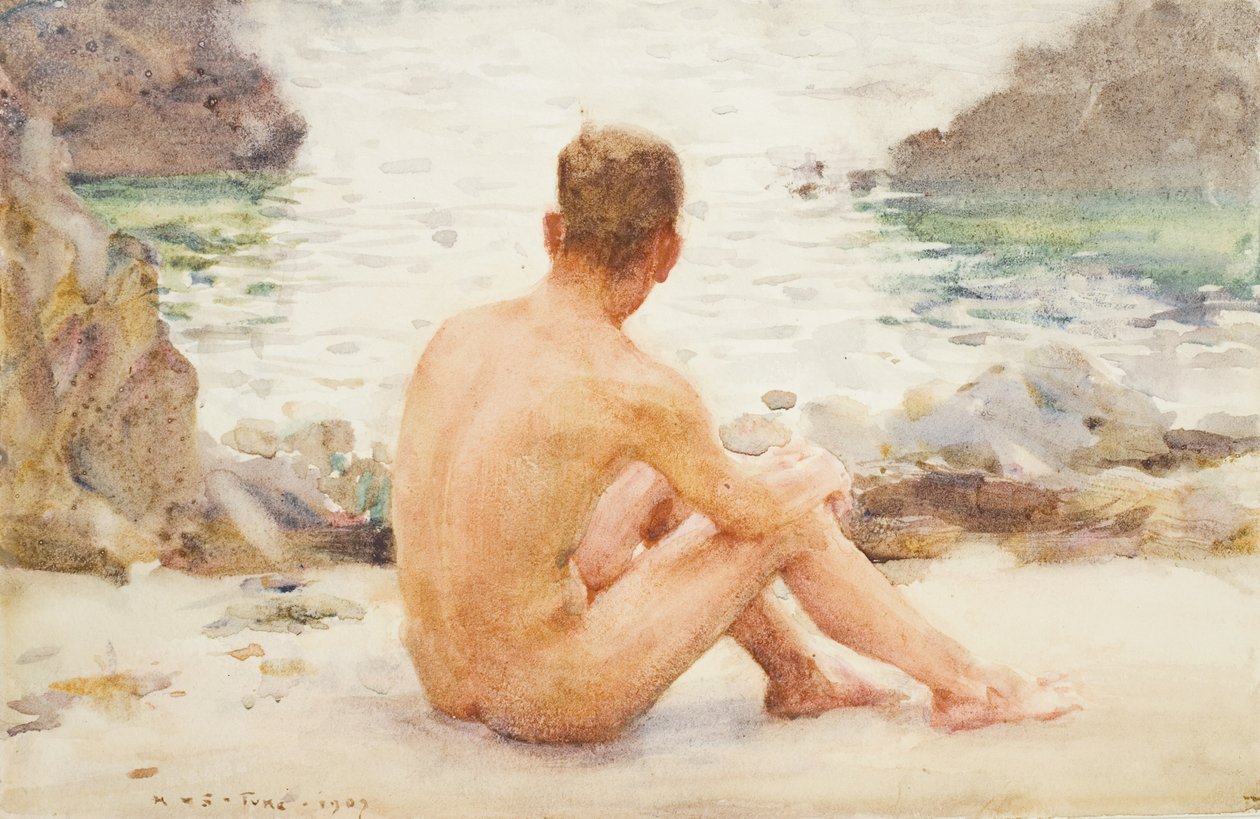 Charlie sedící na písku, 1907 od Henry Scott Tuke