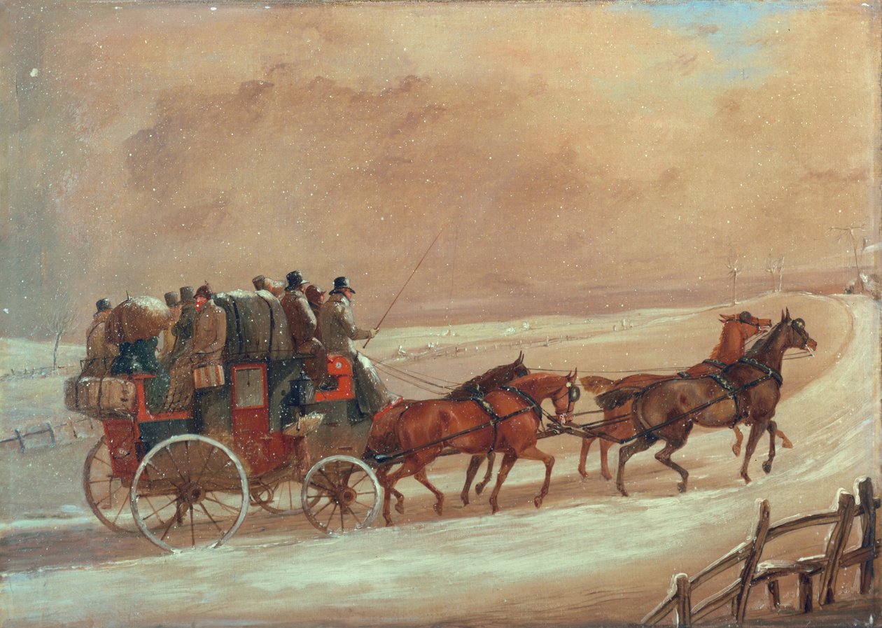 Manchester - London Coach in Winter, cca počátek 19. století od Henry Thomas Alken