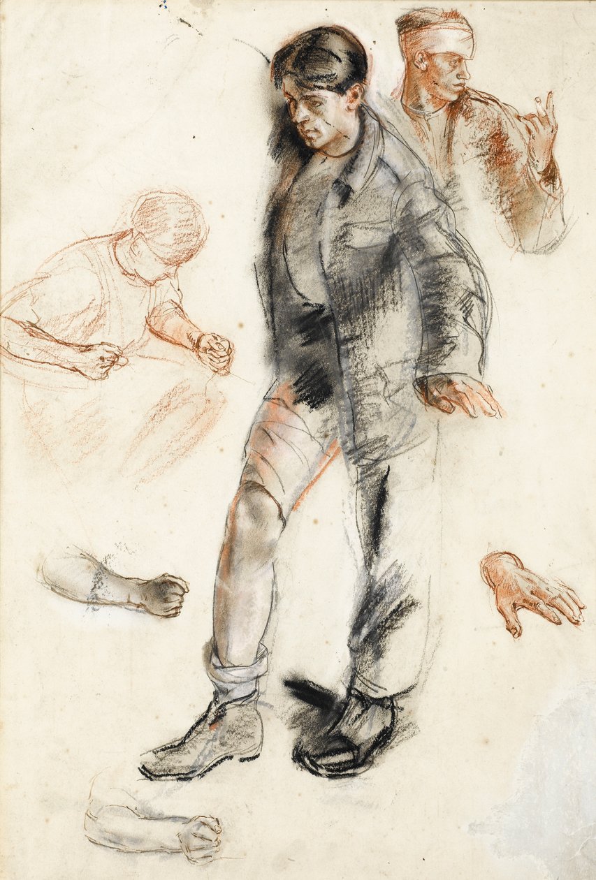 Studium for An Advanced Dressing Station ve Francii, 1918 (pero a inkoust s černými a červenými křídami na papíře) od Henry Tonks