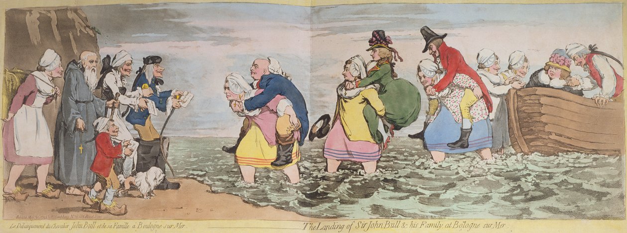 Le Debarquement du Chevalier John Bull et de sa famille a Boulogne sur Mer, aneb Vylodění sira Johna Bulla a jeho rodiny v Bologne sur Mer, vyryl James Gillray (1756-1815), vydala Hannah H. od Henry William Bunbury