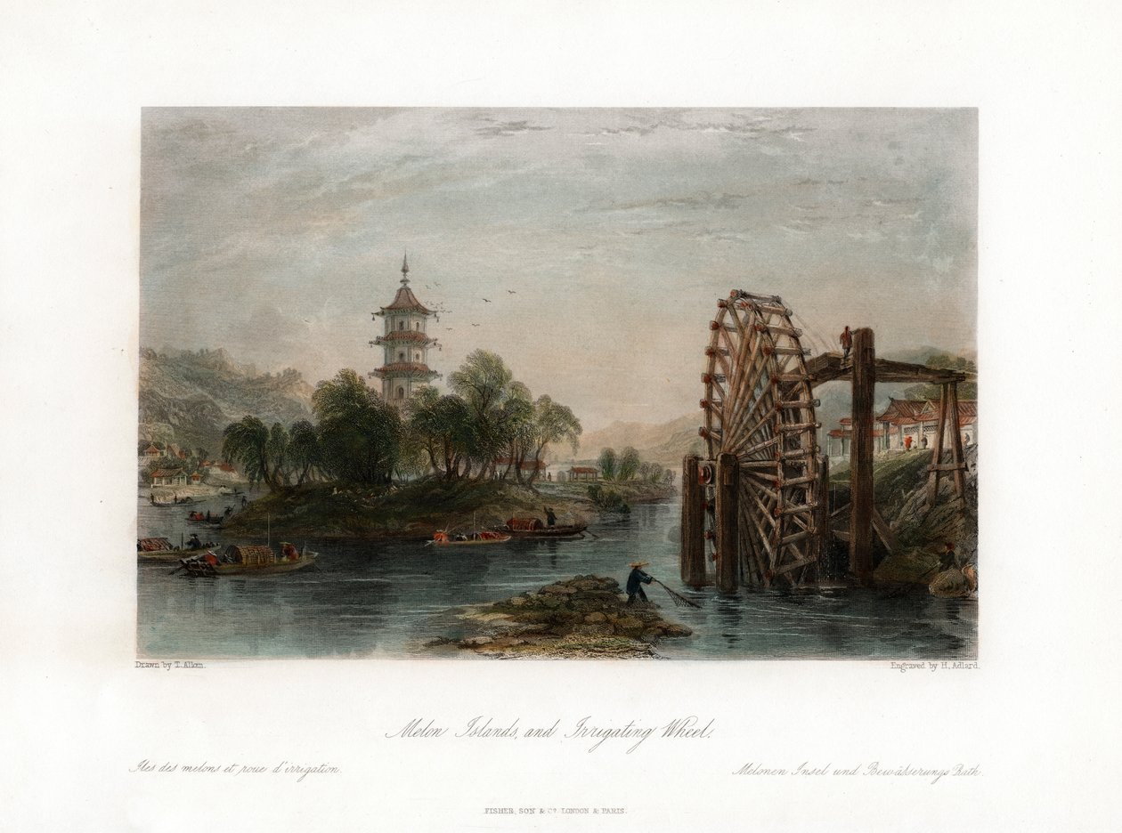 Melounové ostrovy a zavlažovací kolo, Čína, c1840. od Henry Adlard
