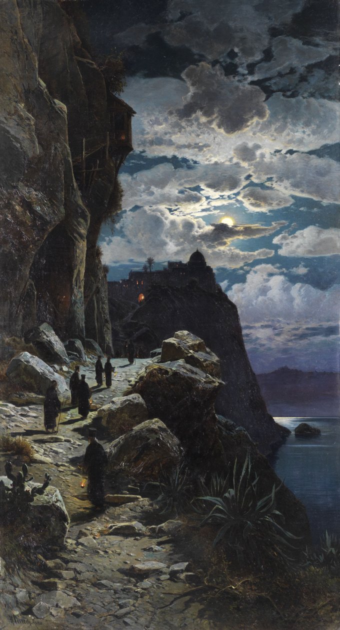 Mniši kráčejí do horského kláštera Athos. od Hermann David Salomon Corrodi