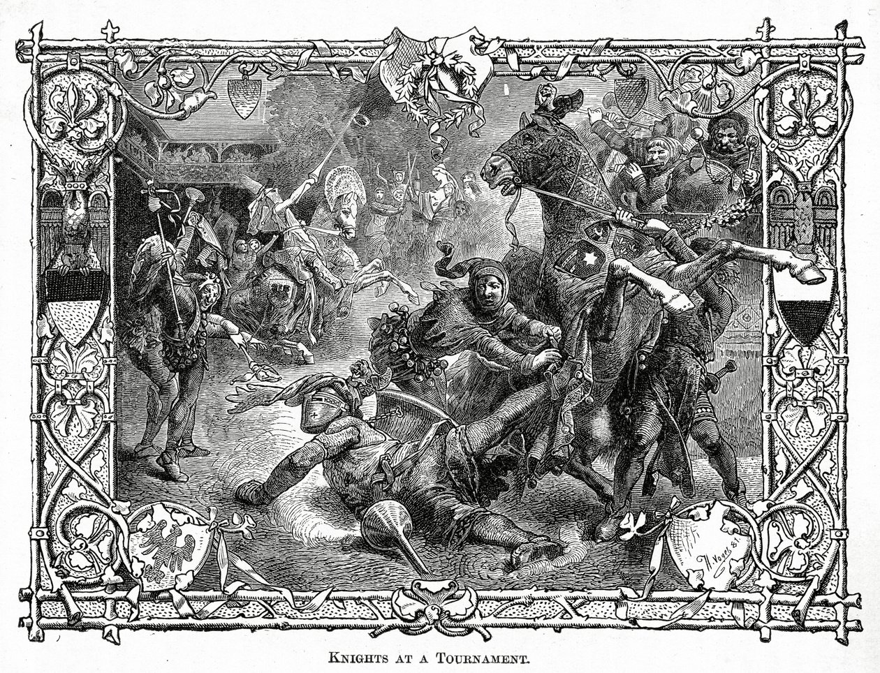 Rytíři na turnaji, kolem roku 1882 (dřevoryt) od Hermann Vogel