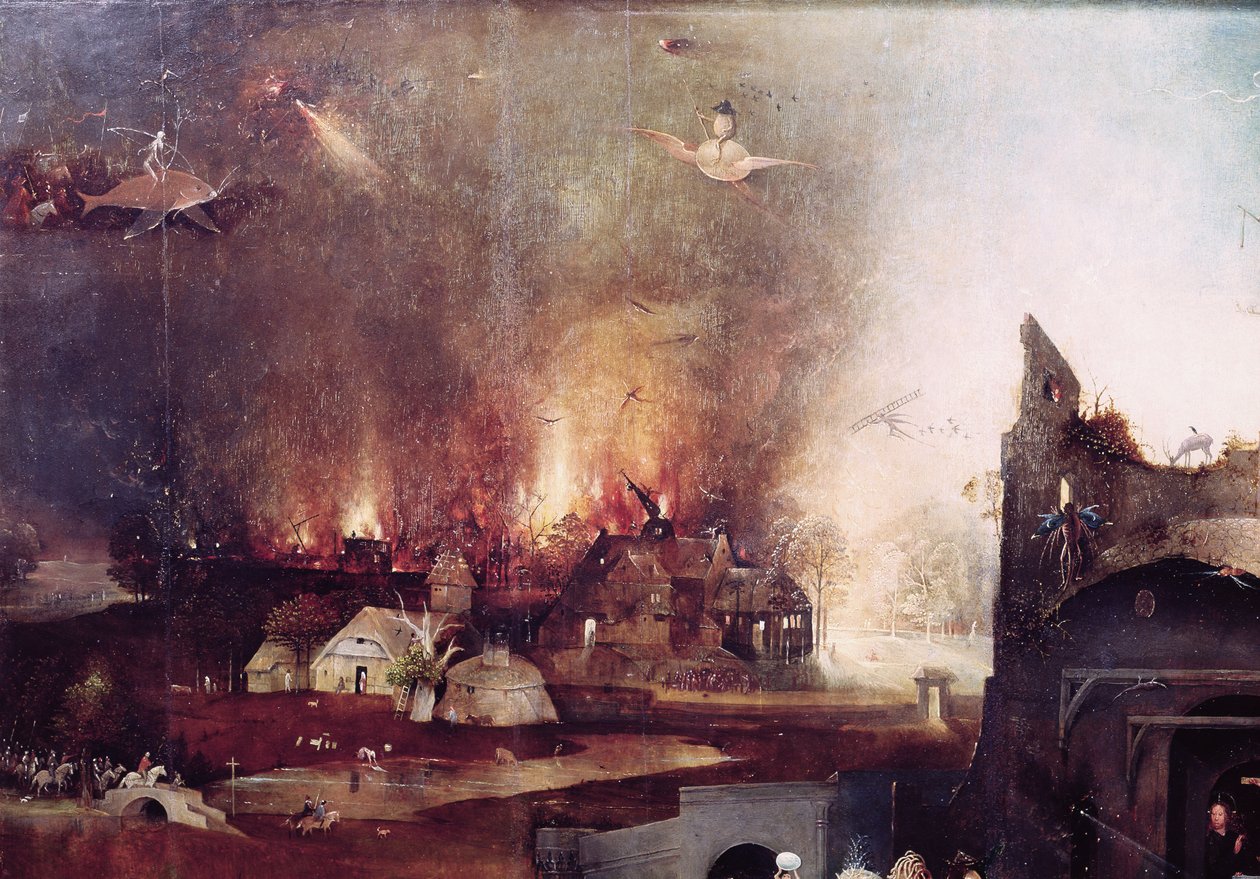Detail vesnice v plamenech, z centrálního panelu Pokušení svatého Antonína od Hieronymus Bosch