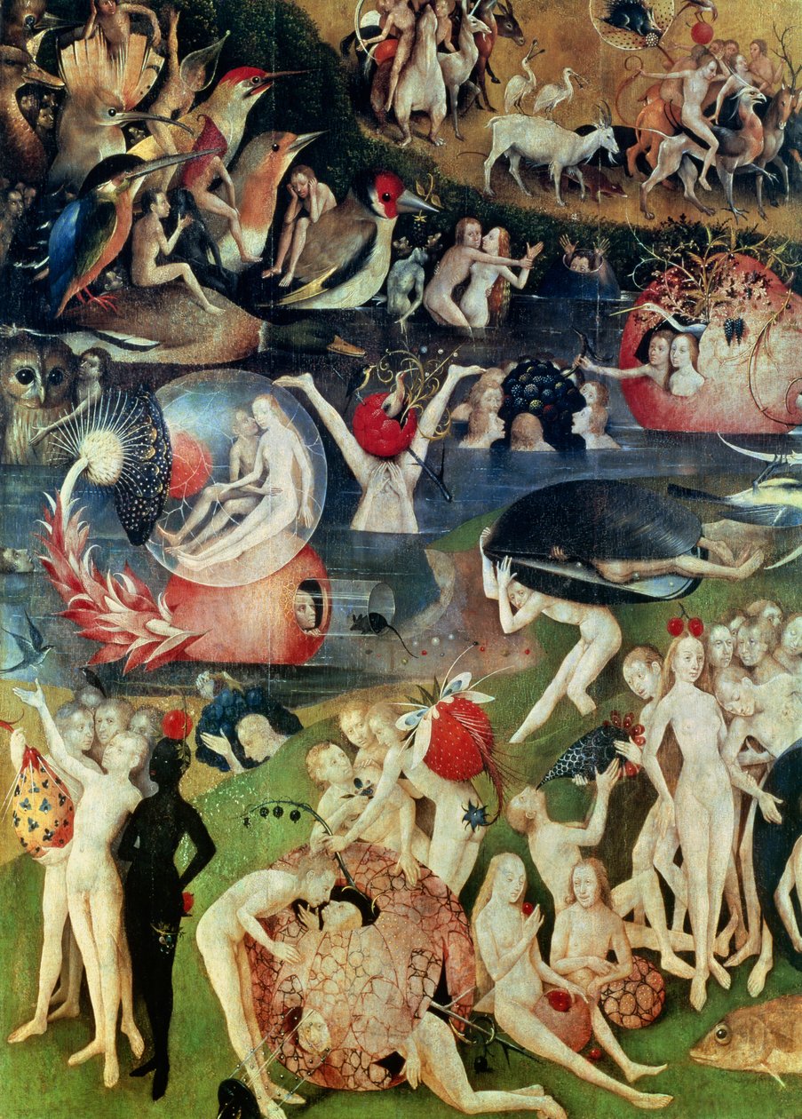 Zahrada pozemských rozkoší: Alegorie luxusu, detail centrálního panelu, cca 1500 od Hieronymus Bosch