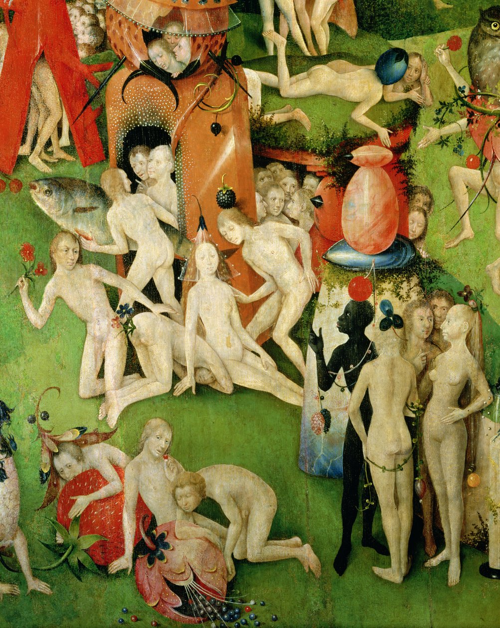 Zahrada na pozemských rozkoších: Alegorie luxusu, centrální panel triptychu, cca 1500 (detail) od Hieronymus Bosch