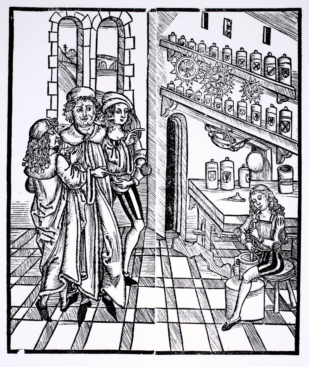 Lékárna, z „Das Buch der Cirugia“, publikovaná ve Štrasburku, 1497 od Hieronymus Brunschwig