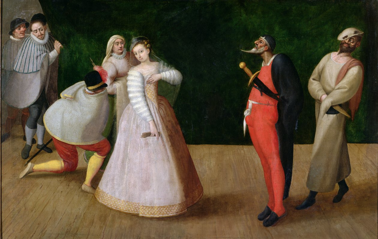 Compagnia dei Comici Gelosi s Isabellou Andreini (1562-1604) zobrazující vystoupení v Paříži (viz také 167901) od Hieronymus Francken