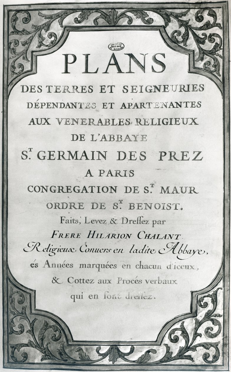 Frontispis k „Plánům zemí a hradeb opatství Saint-Germain-des-Pres“, 1668-76 (kvaš a zlato) od Hilarion Chalant