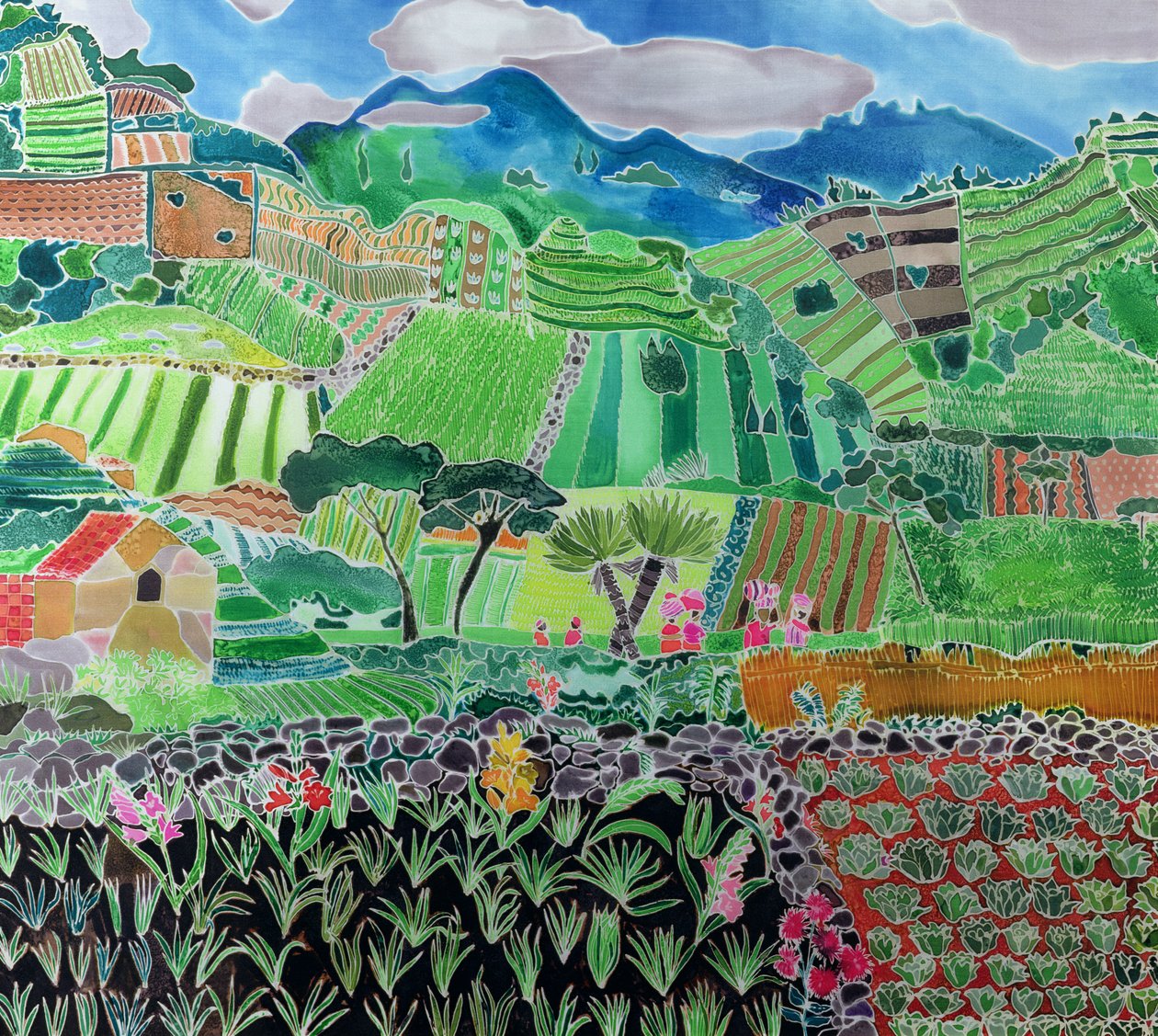 Kapusta a lilie, Solola Region, Guatemala, 1993 (barevné inkousty na hedvábí) od Hilary Simon