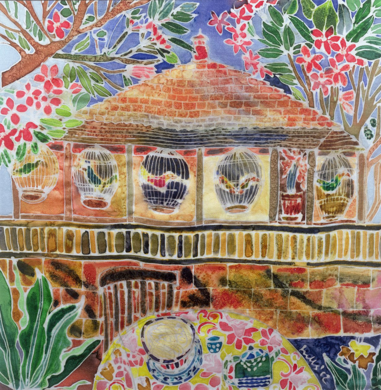 Lotus Cafe, Ubud, Bali, 2002 (barevný inkoust na hedvábí) od Hilary Simon