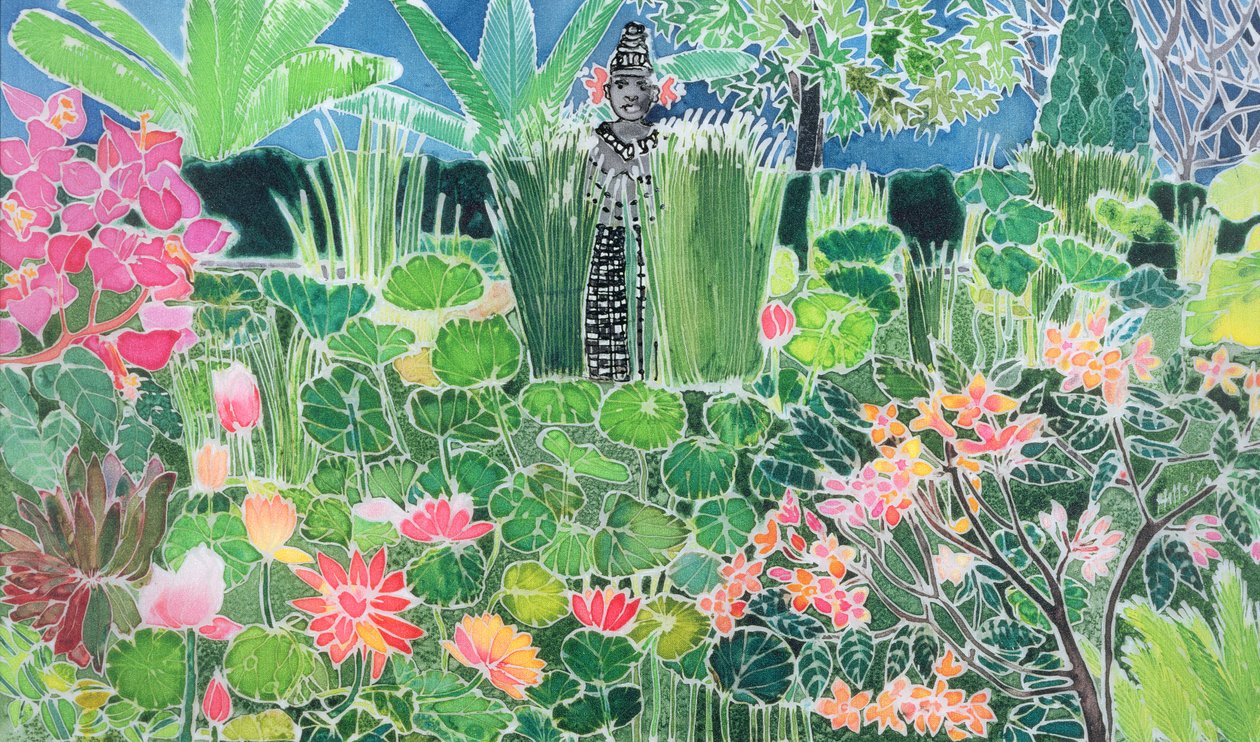 Lotus Pond, Ubud, Bali, 1997 (barevné tuše na hedvábí) od Hilary Simon
