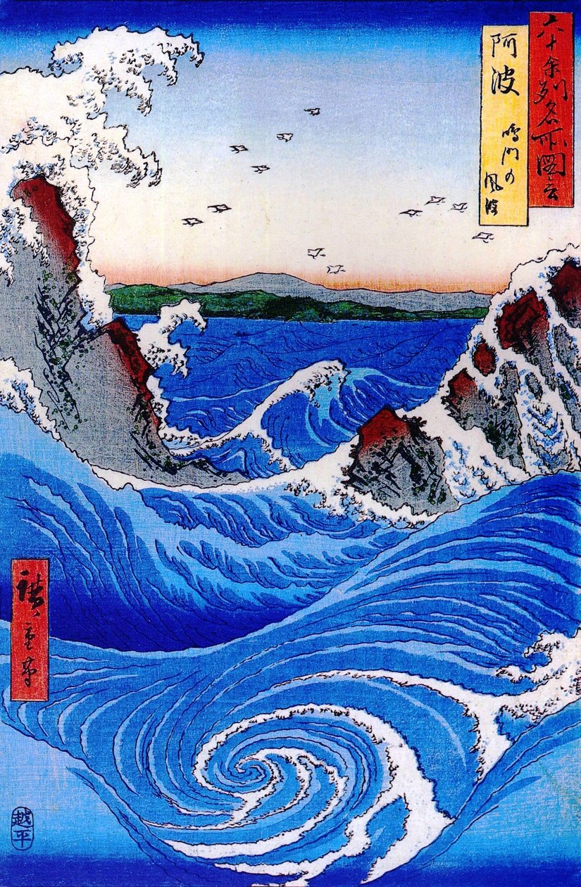 Slavné výhledy na 60 provincií - 55. Drsné moře v Naruto v provincii Awa od Utagawa Hiroshige