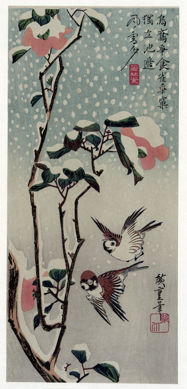 Secchu Tsubaki ni Suzume (Vrabci a kamélie ve sněhu) od Utagawa Hiroshige