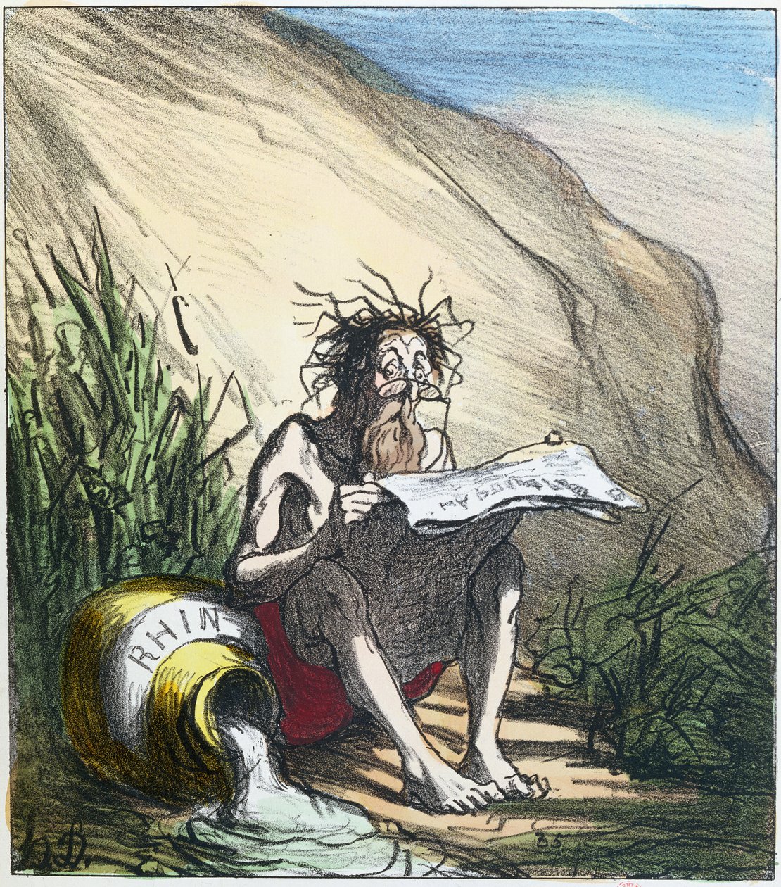 Diogenes (d.c.320 př.nl) čte noviny, kolem 1870 (barevná litografie) od Honoré Daumier