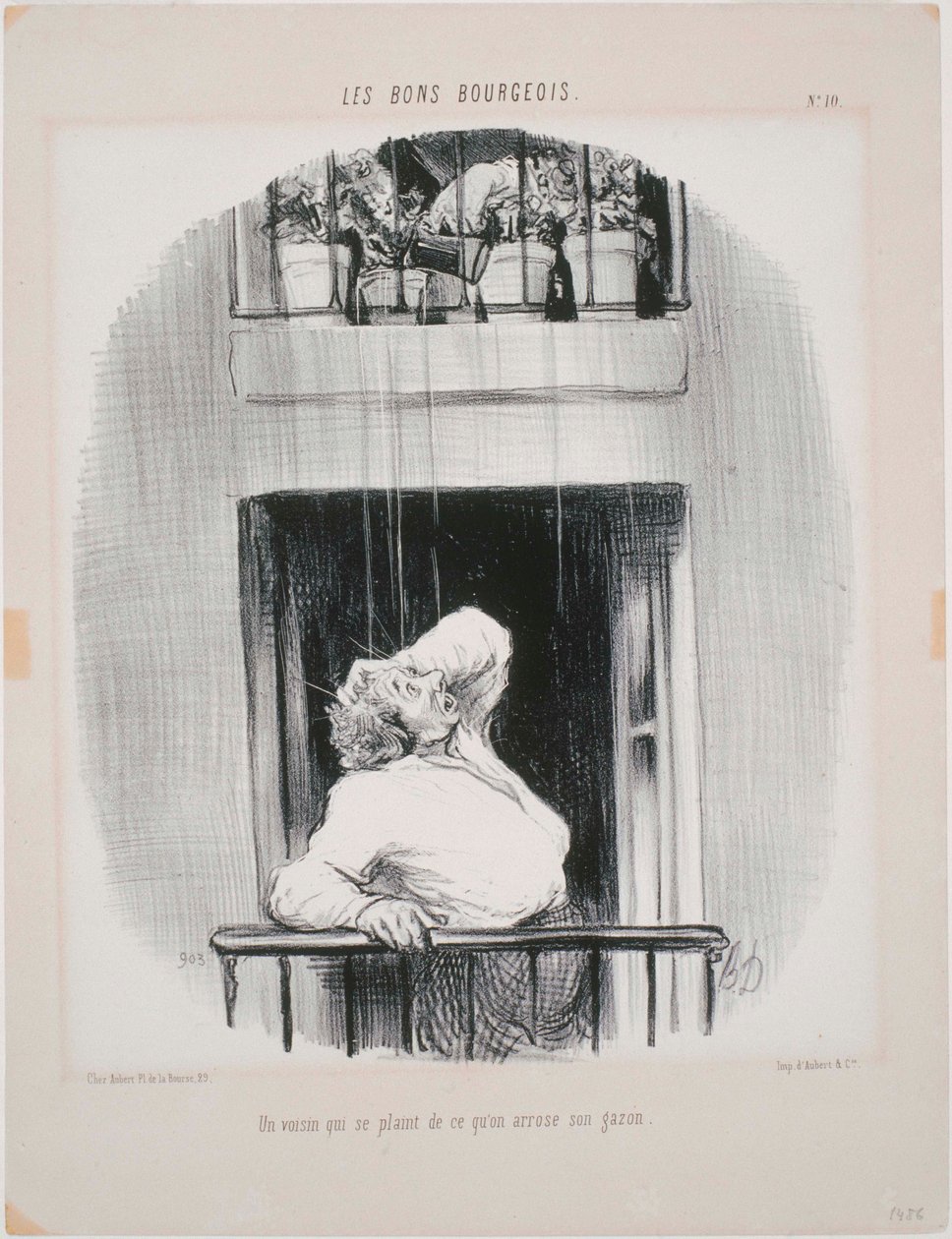 Les Bons Bourgeois- soused, který si stěžuje na zalévání od Honoré Daumier