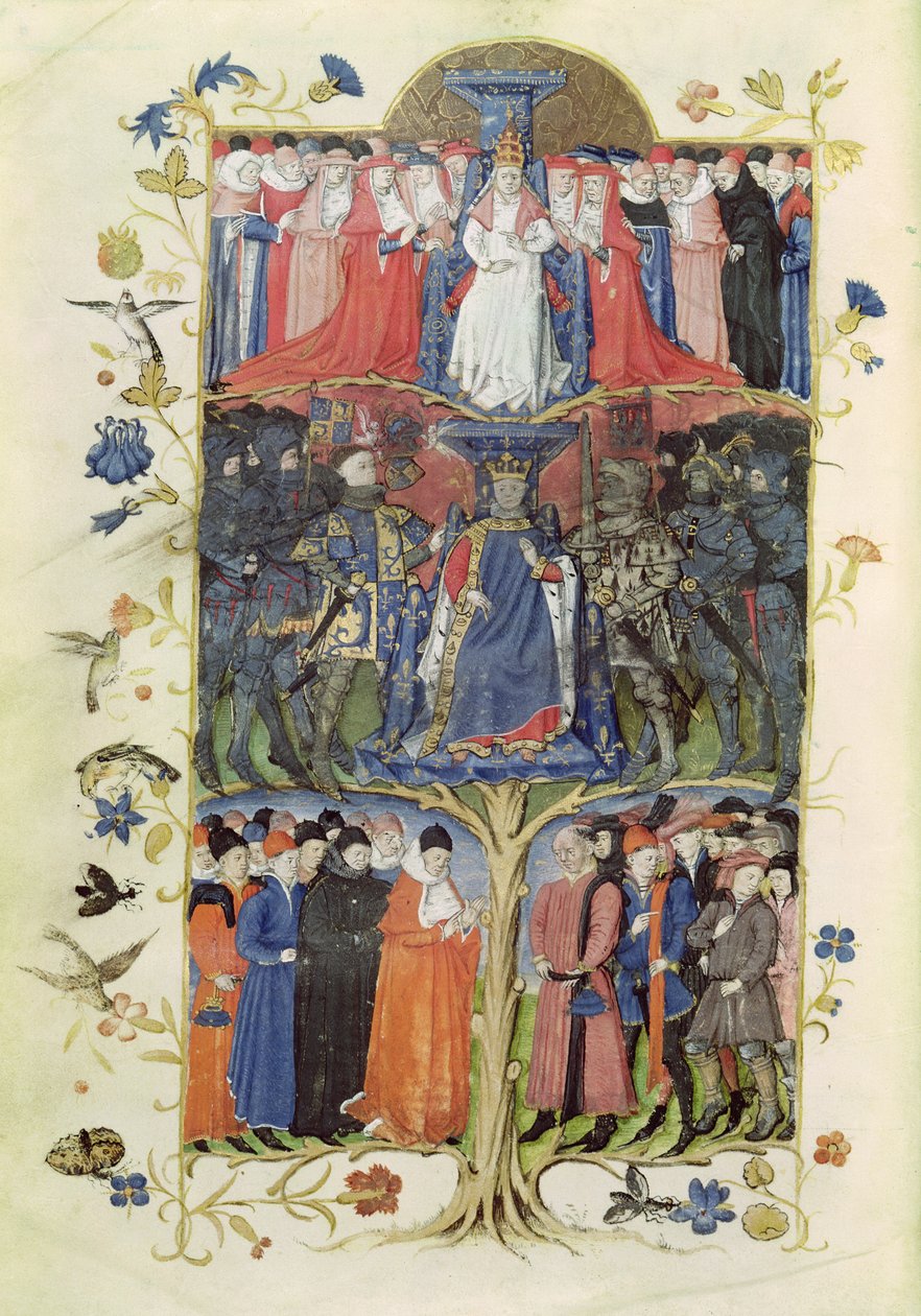Ms 2695 f.6v Strom bitev: Král Karel VII. (1403-61) mezi dauphinem, budoucím Ludvíkem XI. (1423-83) po jeho pravici a po jeho levici Arturem, hrabětem z Richmondu, konstáblem Francie (1425-58) a D od Honore Bonnet