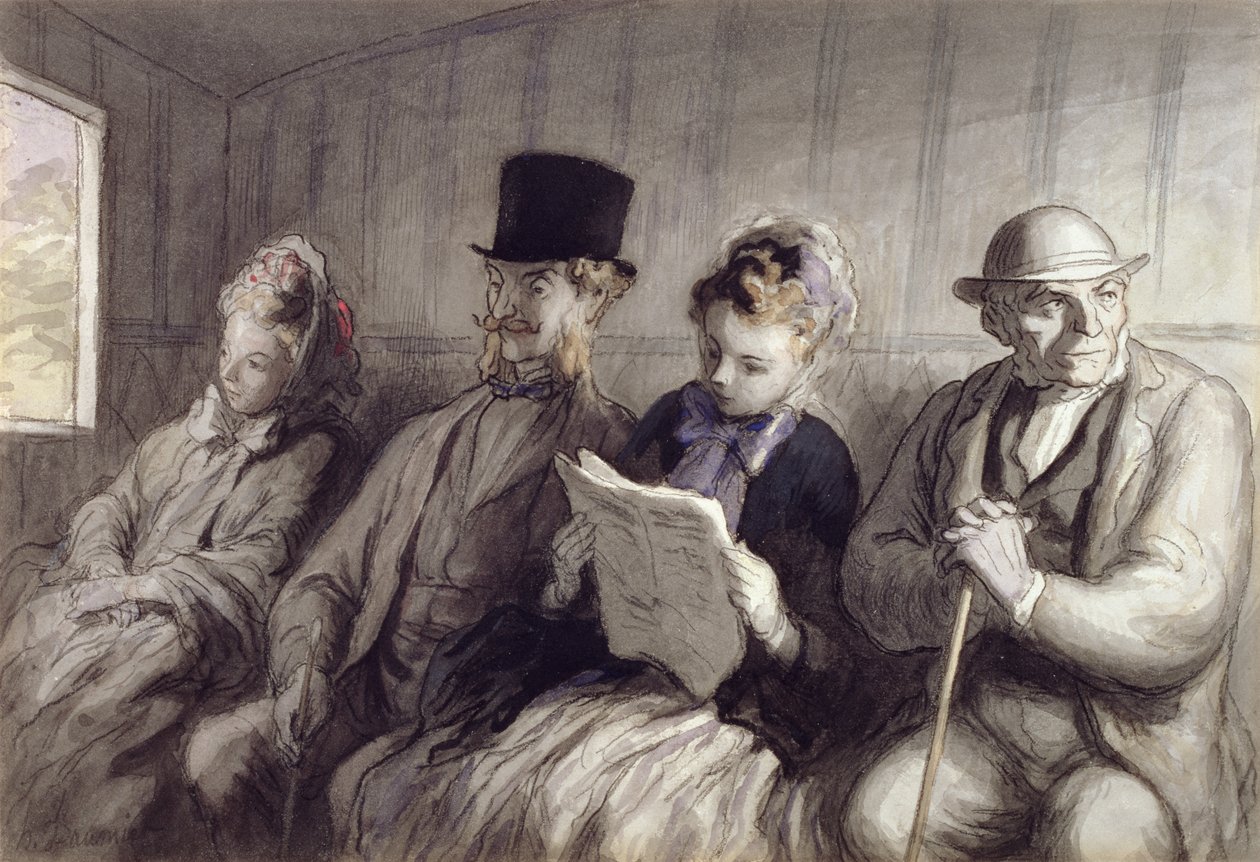 The First Class Carriage, 1864 (wc inkoustové mytí a dřevěné uhlí na papíře) od Honoré Daumier