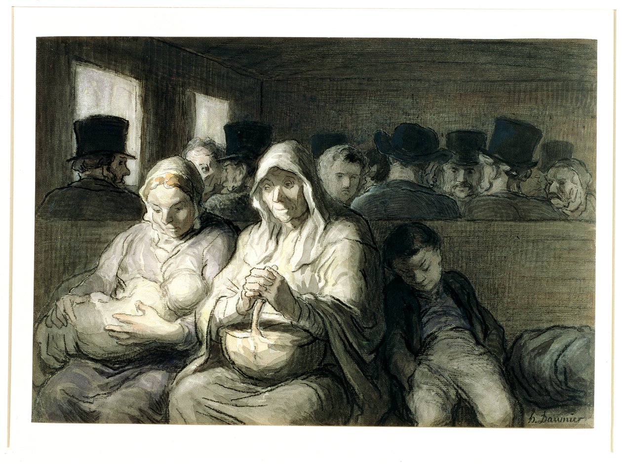 The Third Class Carriage, 1864 (wc inkoustové mytí a dřevěné uhlí na papíře) od Honoré Daumier