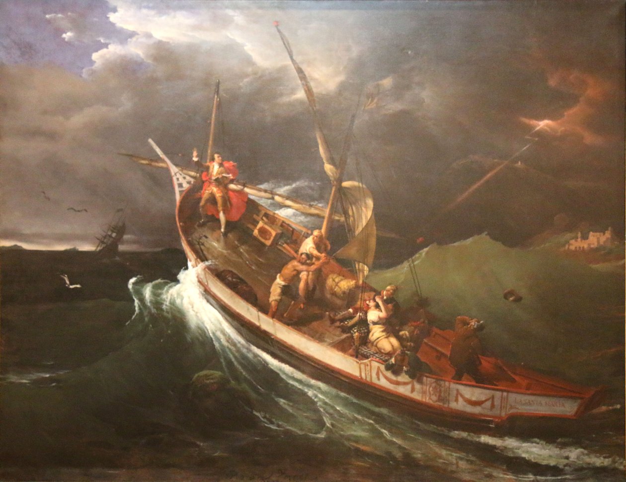 Joseph Vernet přivázaný ke stožáru a zkoumající následky bouře od Emile Jean Horace Vernet
