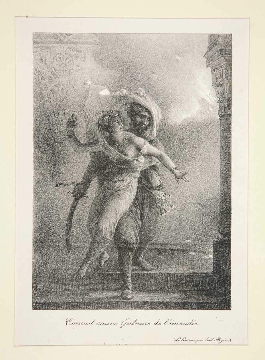 Conrad zachrání Gulnare před l od Emile Jean Horace Vernet