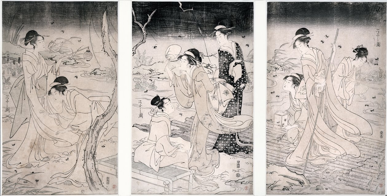 Lov světlušek za soumraku, 1796-97 (dřevěný tisk) od Hosoda Eishi