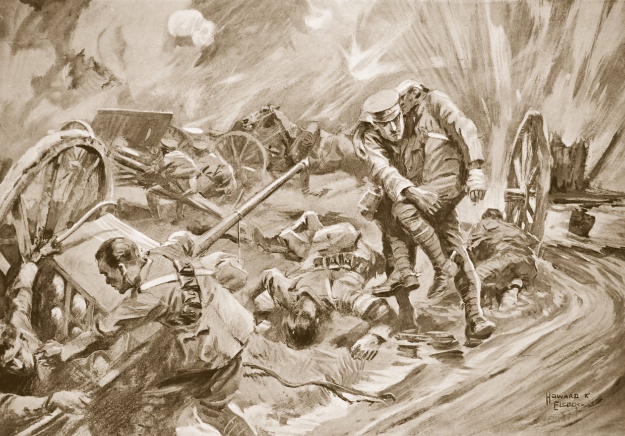 Kapitán W. Allen pomáhá mužům zraněným výbuchem munice poté, co byl sám zraněn od Howard K. Elcock