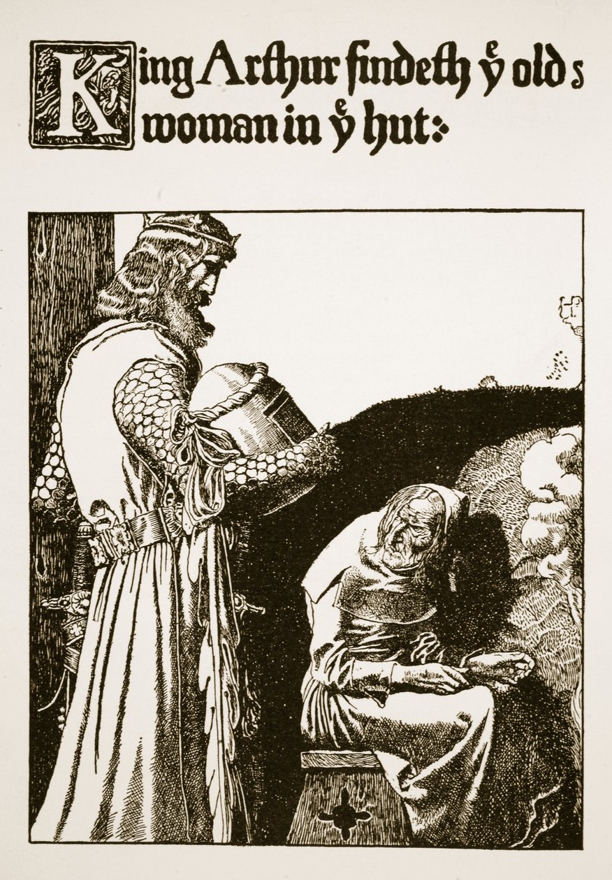 Král Artuš nachází letitou ženu v chýši, ilustrace z „Příběhu krále Artuše a jeho rytířů“, 1903 od Howard Pyle
