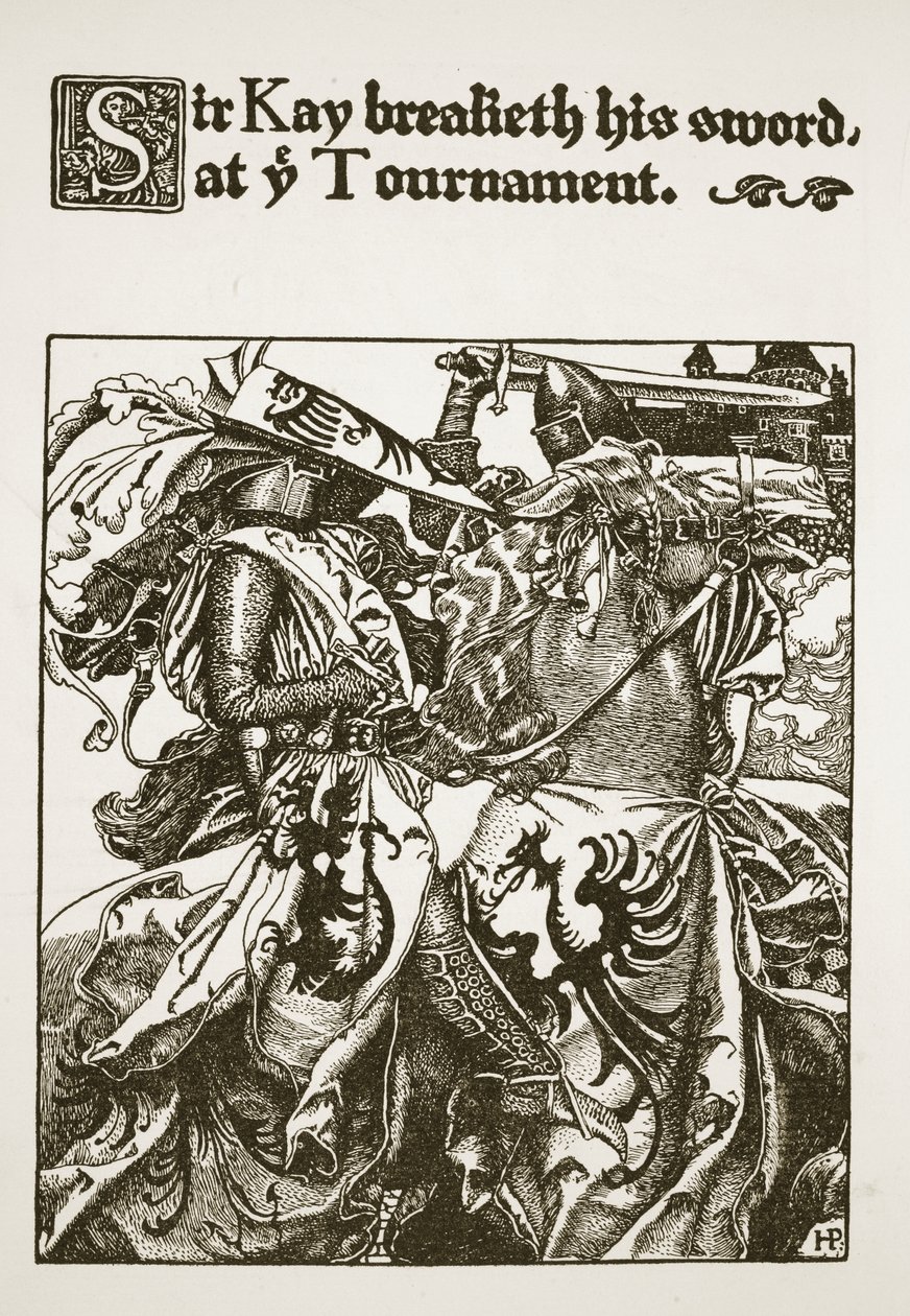 Sir Kay zlomil svůj meč na turnaji, ilustrace z knihy "The Story of King Arthur and his Knights", 1903. od Howard Pyle