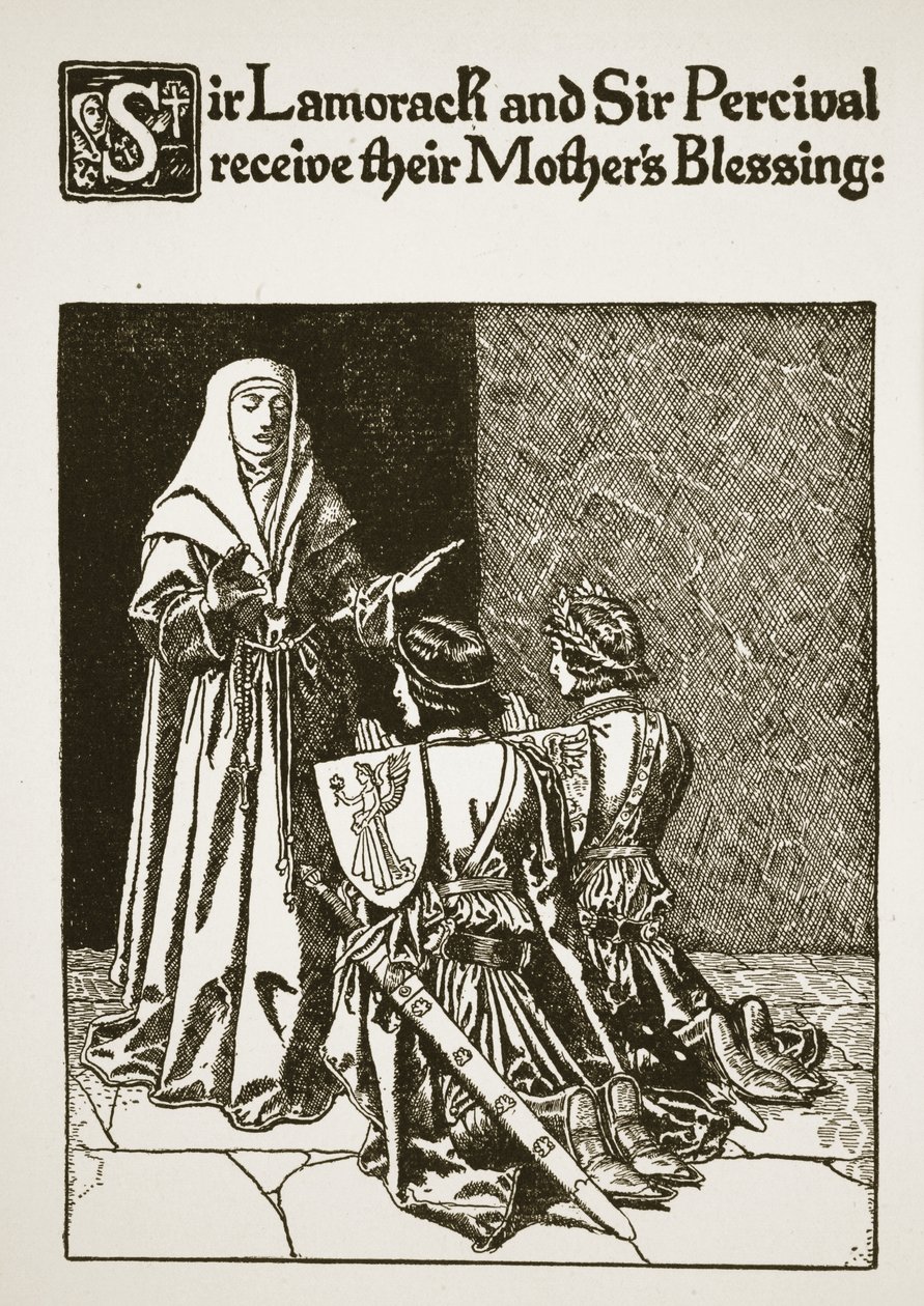 Sir Lamorack a Sir Percival dostávají Matčino požehnání, ilustrace z „Příběhu sira Launcelota a jeho společníků“, 1907 od Howard Pyle