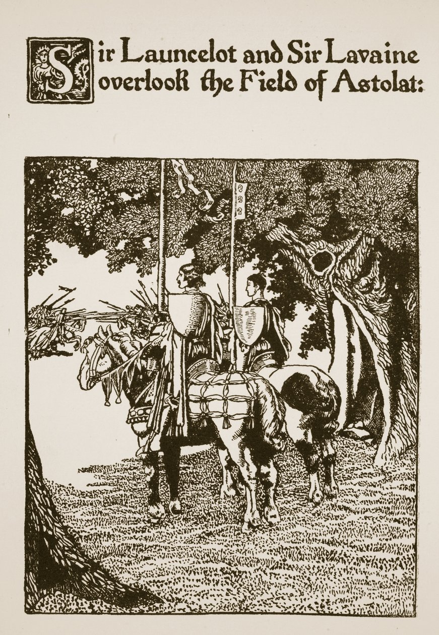 Sir Launcelot a Sir Lavaine přehlížejí Field of Astolat, ilustrace z „Příběhu sira Launcelota a jeho společníků“, 1907 od Howard Pyle