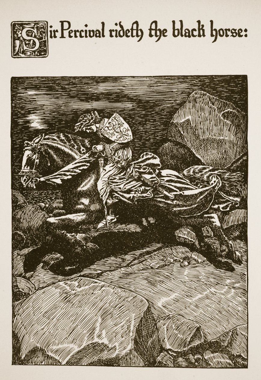 Sir Percival jede na černém koni, ilustrace z „Příběhu grálu a Artušova umučení“, kolem roku 1910 od Howard Pyle