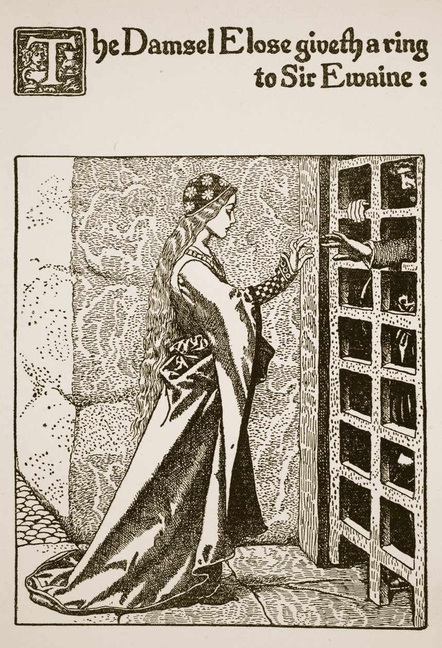 Dáma Elose dává prsten siru Ewinovi, ilustrace z knihy "Příběh sira Launcelota a jeho společníků", 1907. od Howard Pyle