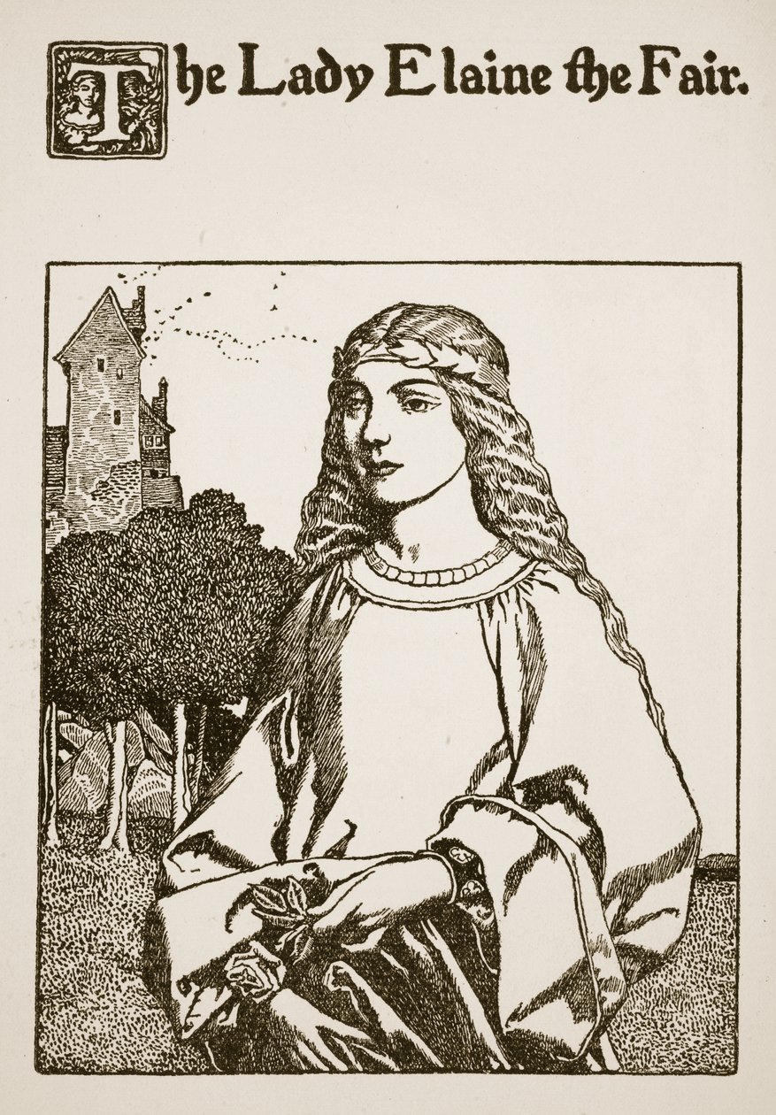 Dáma Elaine the Fair, ilustrace z "Příběhu sira Launcelota a jeho společníků", 1907 od Howard Pyle