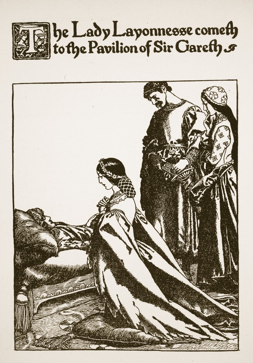 Lady Layonnesse přichází do pavilonu sira Garetha, ilustrace z knihy "Příběh sira Launcelota a jeho společníků", 1907. od Howard Pyle