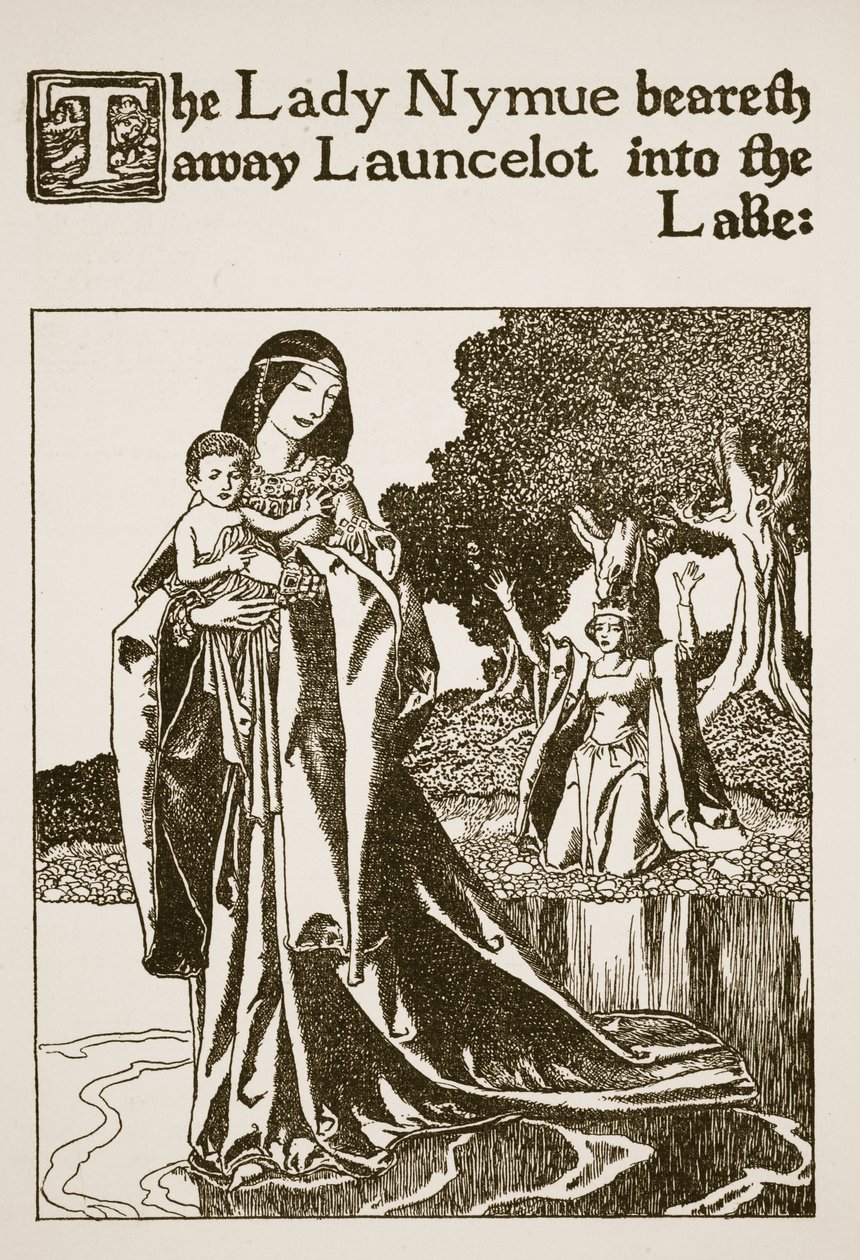 Lady Nymue unáší Launcelota do jezera, ilustrace z „Příběhu šampionů kulatého stolu“ od Howard Pyle