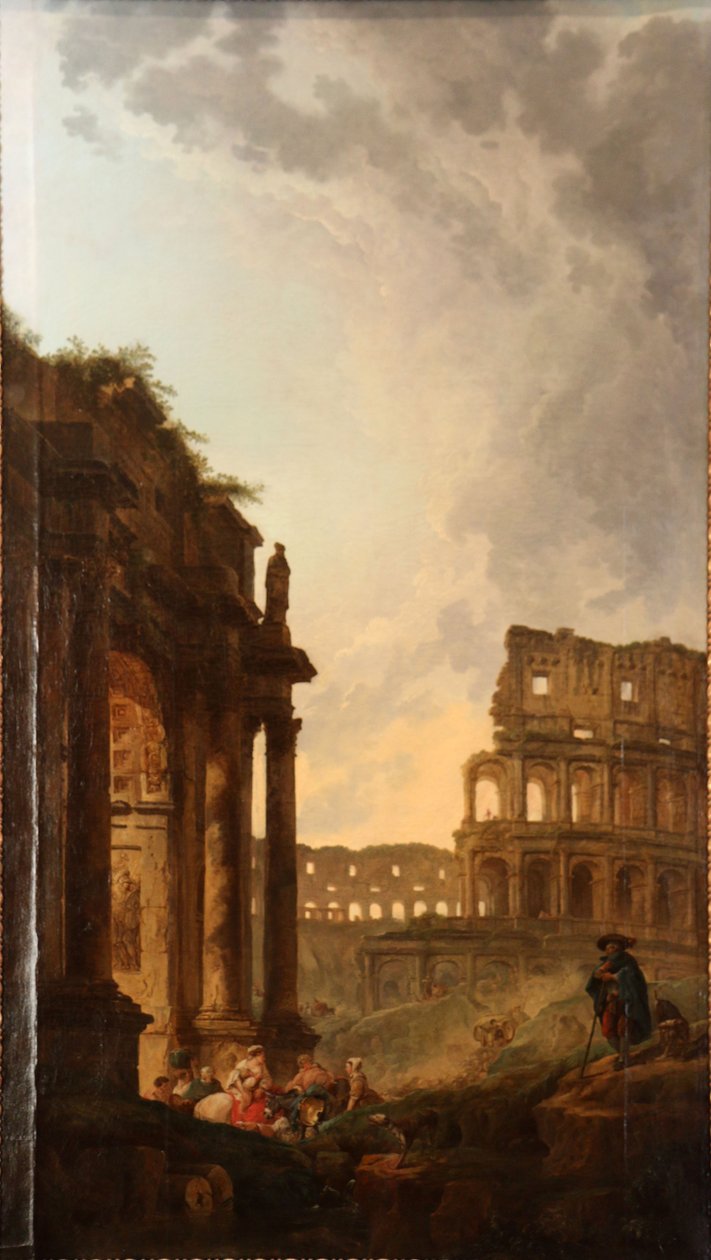 Stádo dobytka procházející před Koloseem a Konstantinovým obloukem v Římě od Hubert Robert