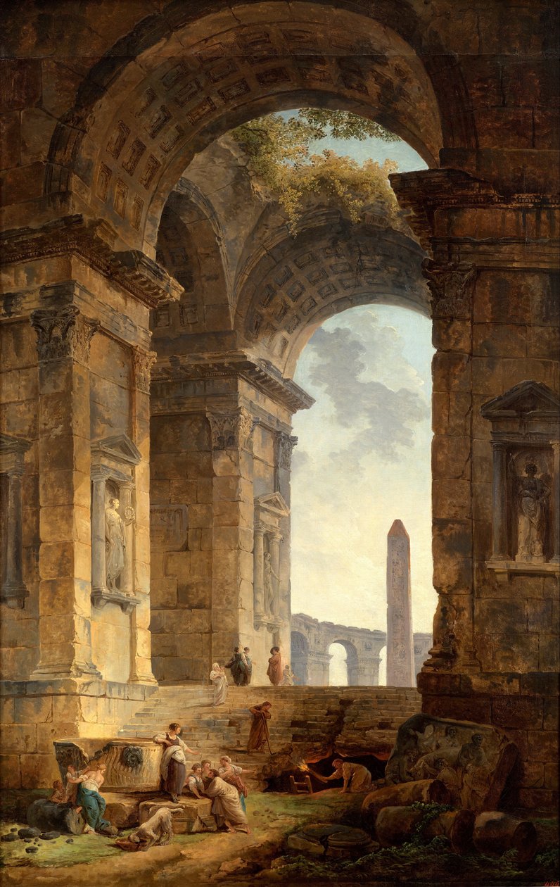 Ruiny s obeliskem v dálce od Hubert Robert