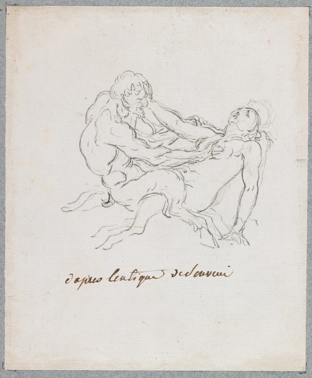 Objímající se satyr a faun (černá křída na papíře) od Hubert Robert