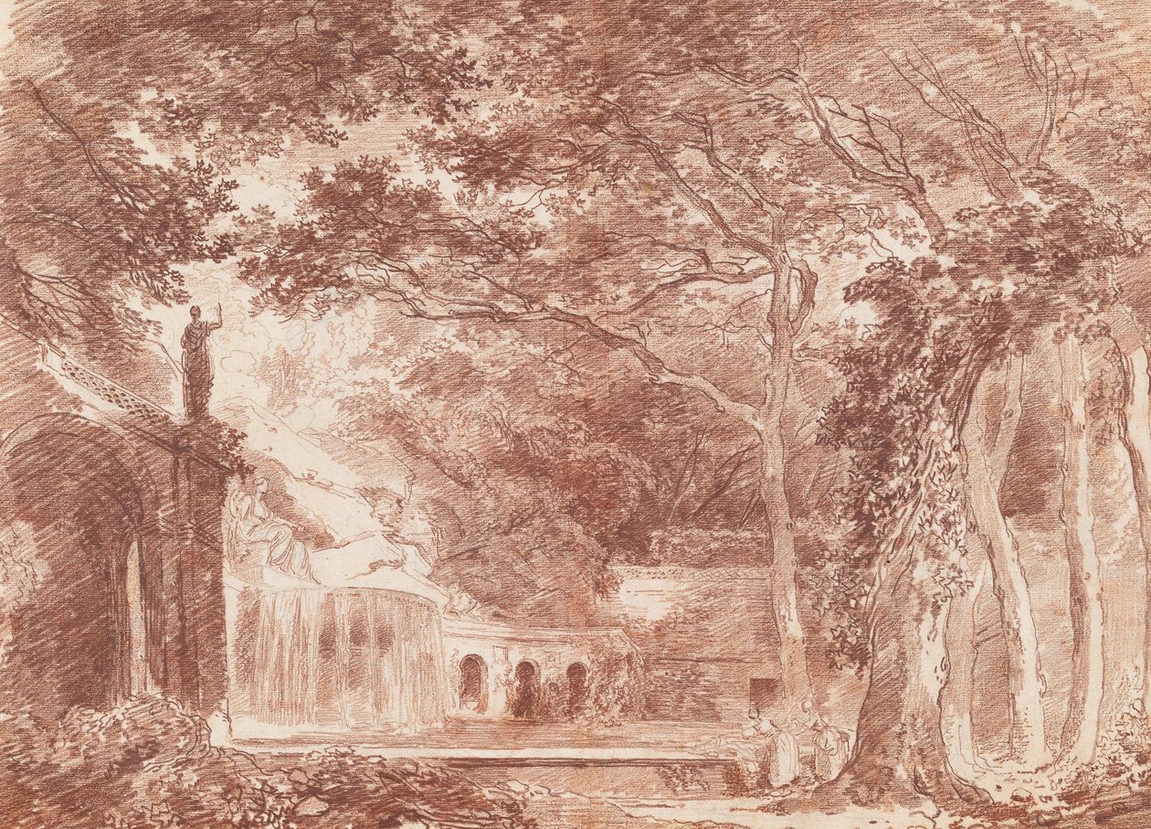 Oválná fontána v zahradách Villa dEste, Tivoli od Hubert Robert