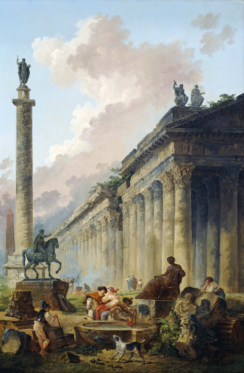 Imaginární římská krajina s jezdeckou sochou Marka Aurelia, Trajánovým pamětním sloupem a chrámem. od Hubert Robert