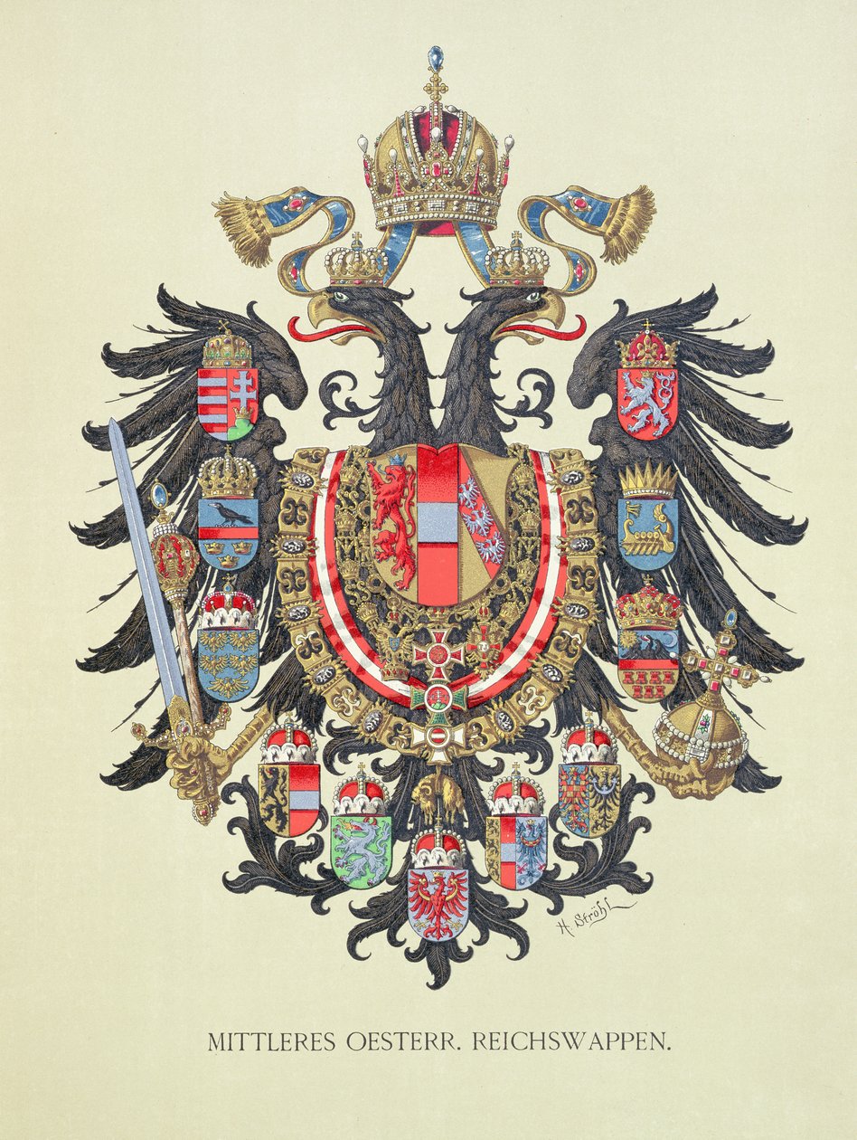 Deska se znakem Rakouska-Uherska z autorova "Heraldického atlasu", 1899. od Hugo Gerard Strohl