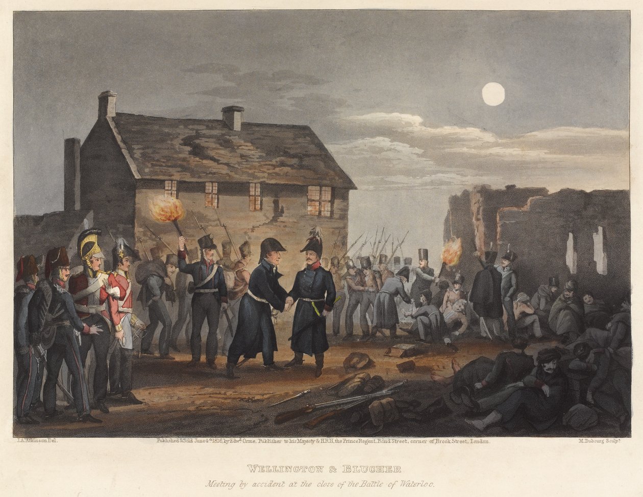 Náhodné setkání Wellingtona a Bluchera na konci bitvy u Waterloo, rytina M. Dubourga, 1819 (kolorovaná akvatinta) od I. M. Clark
