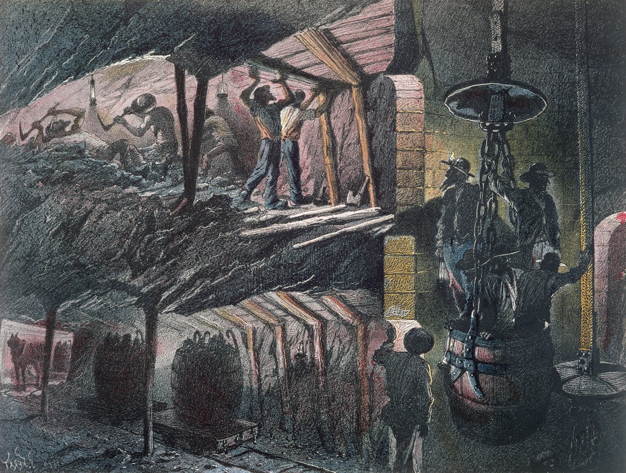 Řez uhelným dolem, vyrytý Julesem Feratem (nar. 1819) 1889 od Ignace Francois Bonhomme