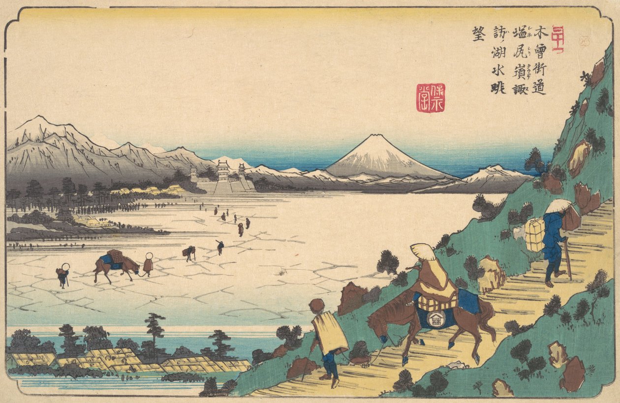 Jezero Suwa z průsmyku Shiojiri, ca. 1835. od Ikeda Eisen