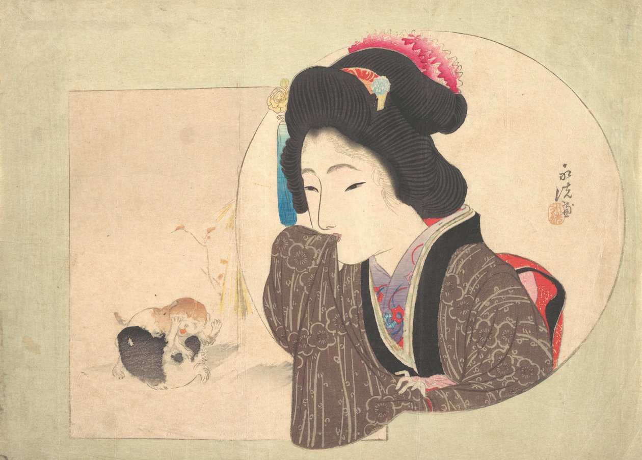 Tisk [žena a štěňata], počátek poloviny 19. století. od Ikeda Eisen