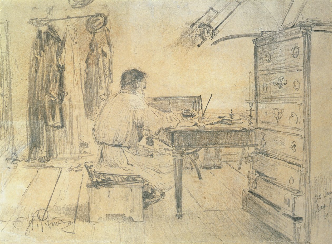 Lev Tolstoj (1818-1910) ve své studii, 1891 od Ilya Efimovich Repin